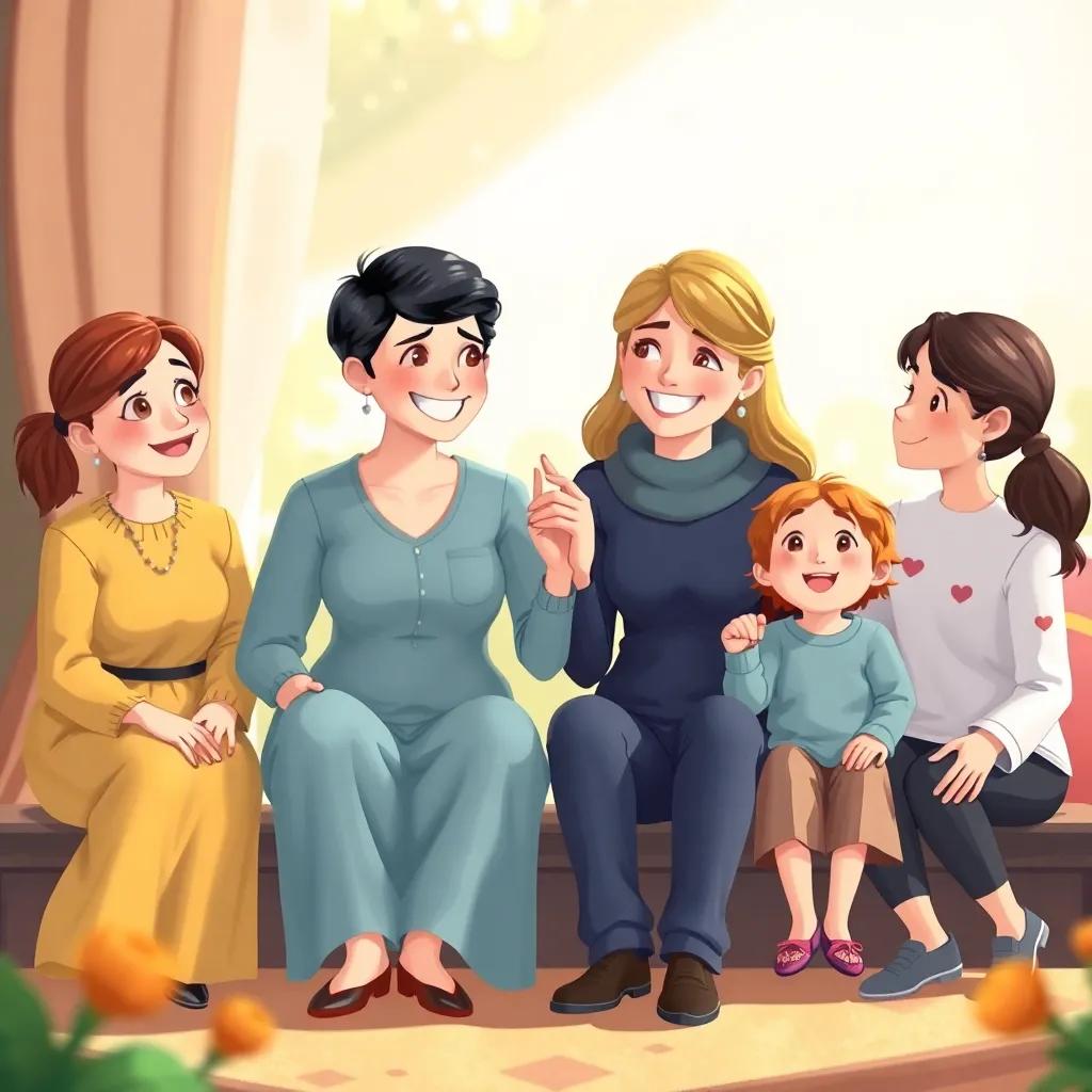 Helena sitting down with her family, holding hands and smiling, showing love and support, warm family atmosphere, colorful background, illustration, heartwarming, high quality
