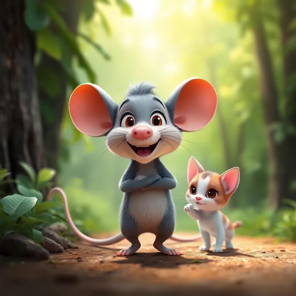 A cheerful mouse named Mico, with gray fur and big ears, standing at the edge of a lush green forest, ready to race with a playful kitten.