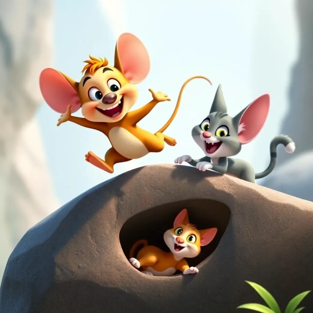 Mico the mouse, with a happy expression, running over a large rock, while Miau the cat is gracefully sliding underneath it, both joyful and energetic.