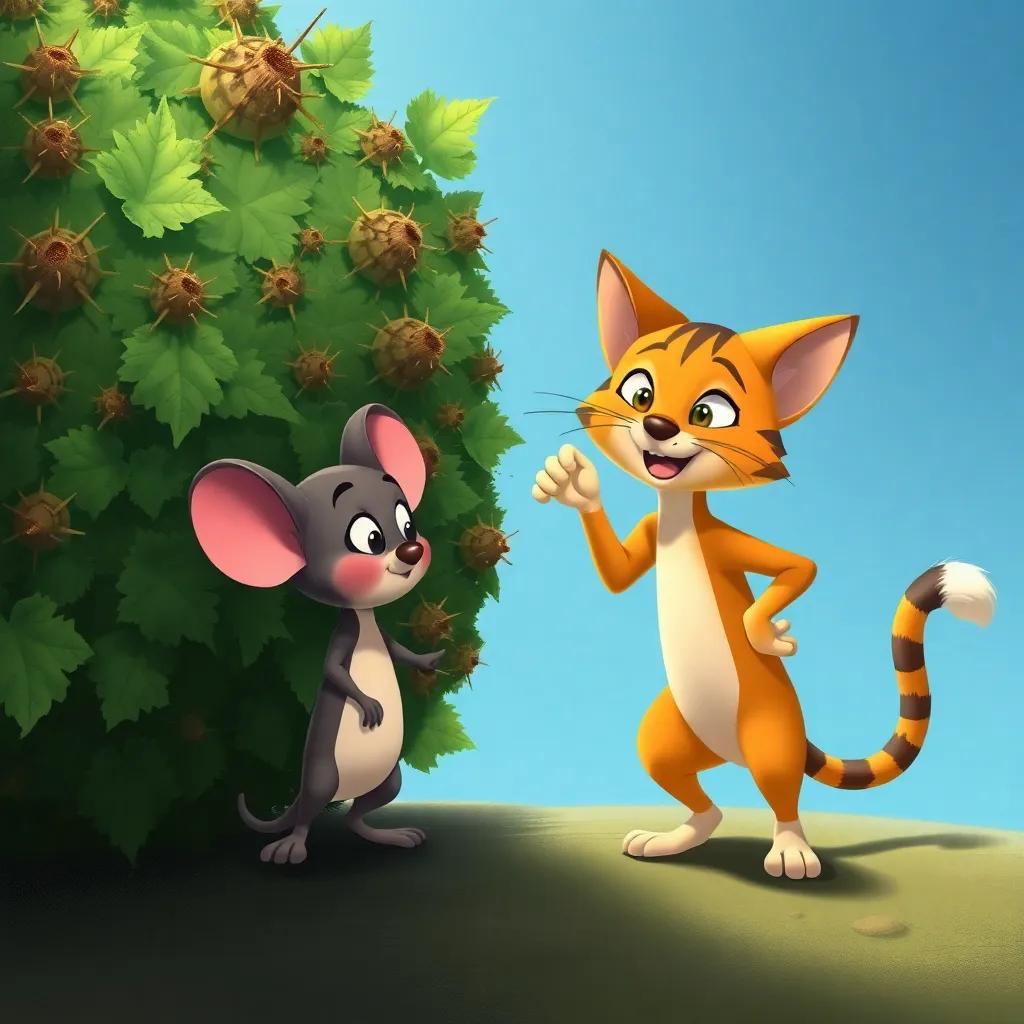 A mouse named Mico hesitating before a thorny bush while Miau the cat is confidently planning to jump over, both showing determination and friendship.