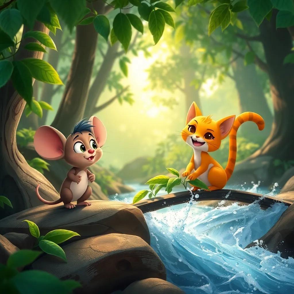 Mico the mouse looking worried by a fast river, and Miau the cat smiling, building a bridge of leaves, with sunlight filtering through the trees.