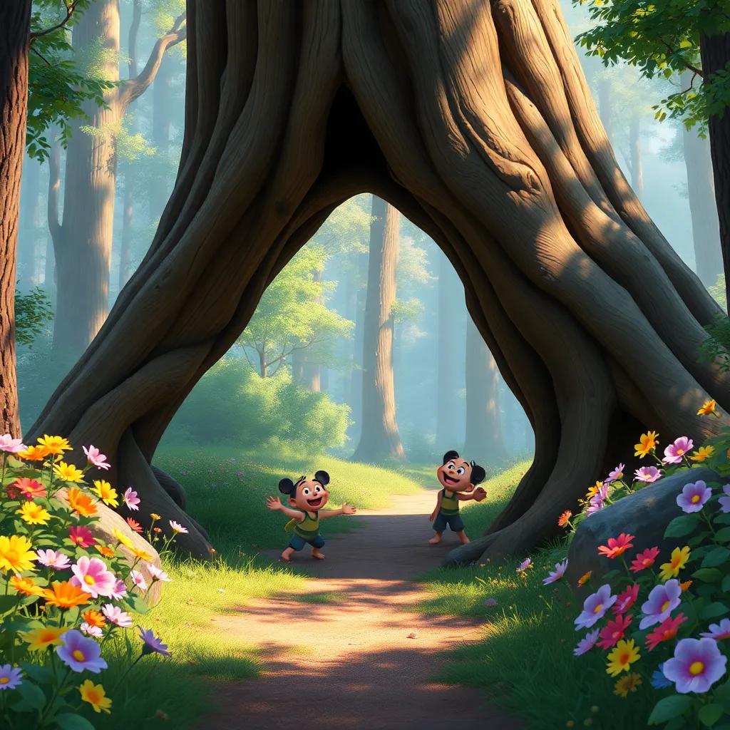 A tall tree fallen across the path, Mico and Miau laughing as they prepare to slide down it like a slide, surrounded by colorful forest flowers.
