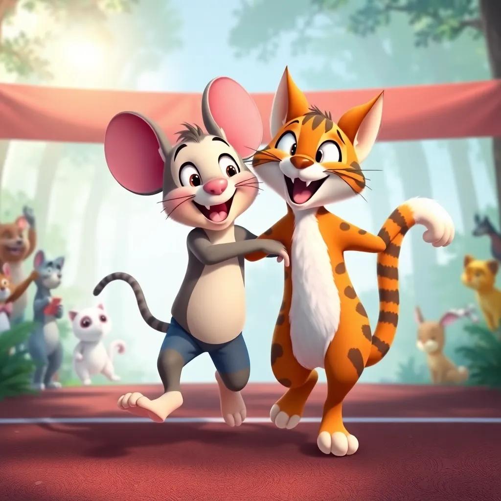 Mico the mouse and Miau the cat crossing the finish line, embracing each other joyfully with forest animals cheering around them, a vibrant celebration.