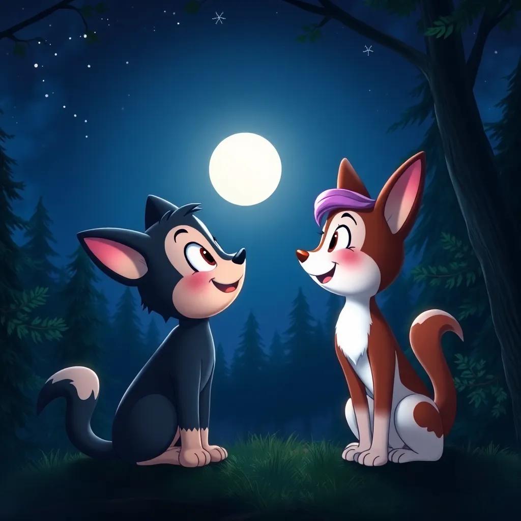 Mico and Miau looking at each other smiling under the moonlight, with stars twinkling above, surrounded by a peaceful forest setting, reflecting on their adventures.