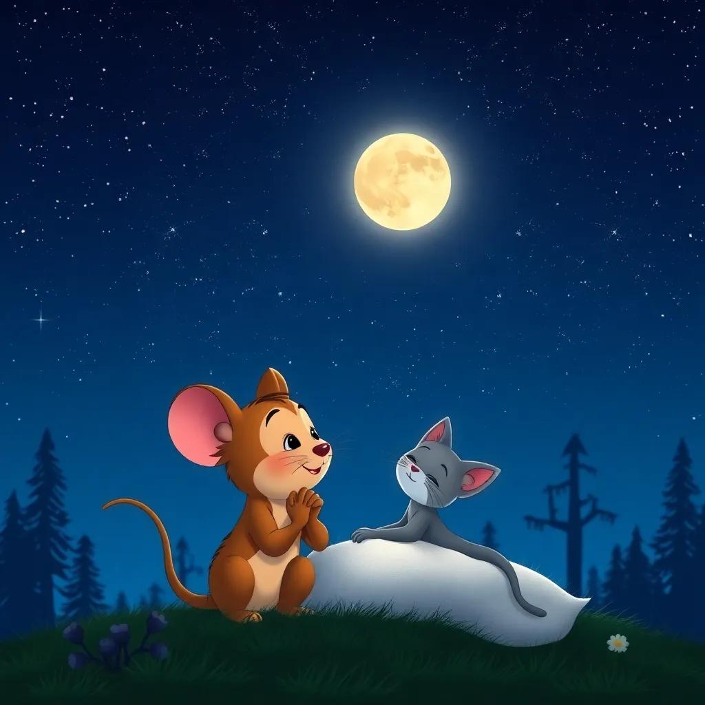 Mico the mouse and Miau the cat dreaming under the starry sky, with silhouettes of trees and the bright moon in the background, symbolizing their bond.