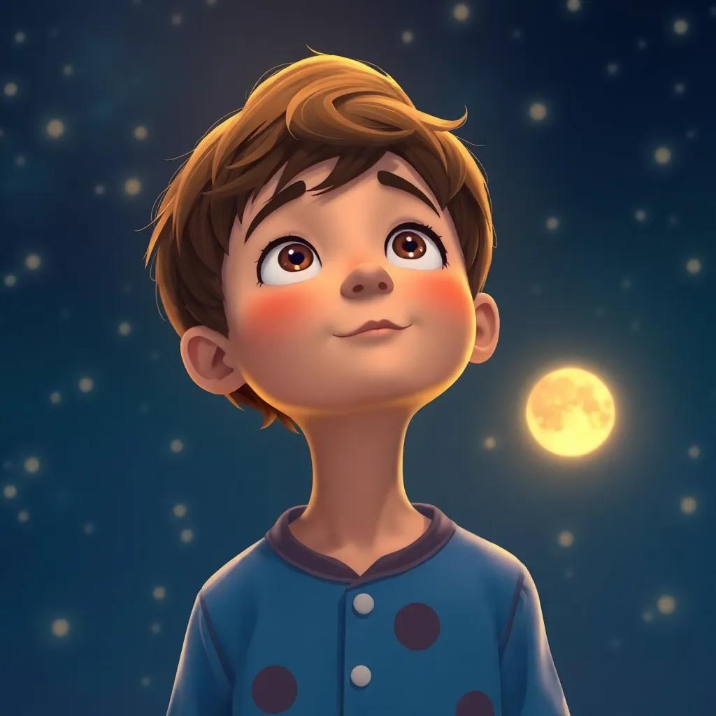 A curious boy, Leo, with short, brown hair, wearing a blue pajama set, looking up at a starry night sky with bright stars and a glowing moon, digital art, whimsical, warm colors, magical atmosphere, high quality