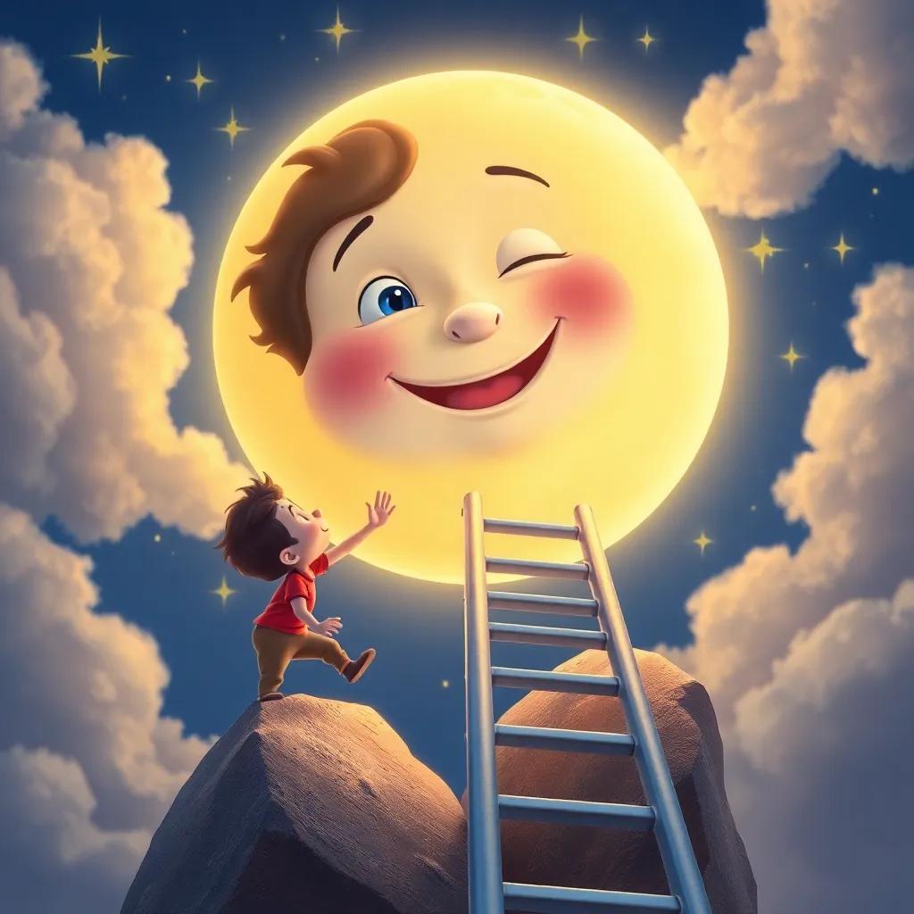 The Moon, a friendly character with a glowing face, smiling down at Leo, as he climbs a silver ladder to the Moon, surrounded by twinkling stars and clouds, vibrant colors, inviting scene, fantasy style, high quality