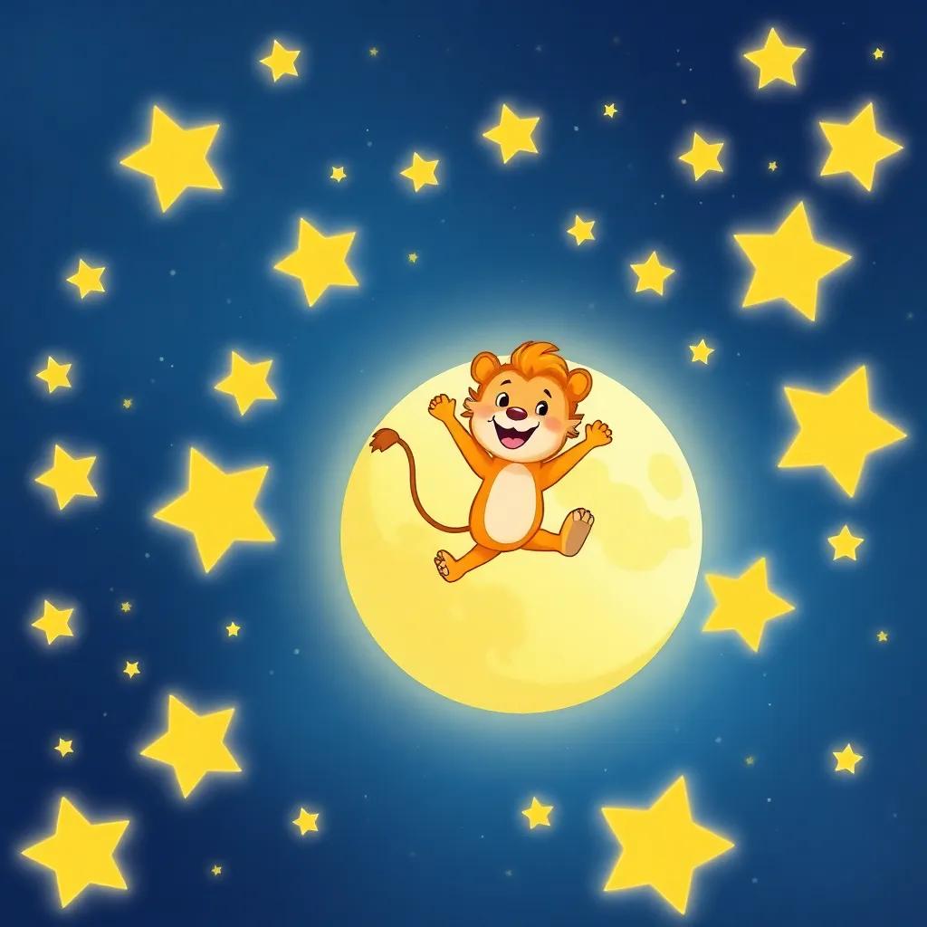 Leo, happily jumping on the Moon, surrounded by sparkling stars, other stars joyfully dancing around them, colorful, cheerful, imaginative illustration, child-friendly, high quality