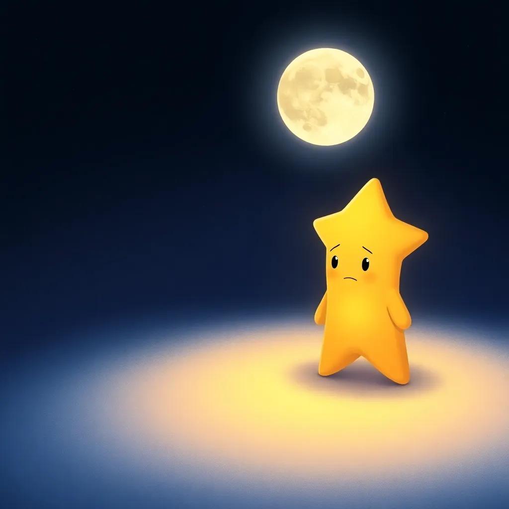 A lonely star, looking sad and dim, surrounded by darkness, as the Moon and Leo approach, with glowing colors starting to fill the scene, heartwarming, encouraging illustration, child-friendly, high quality