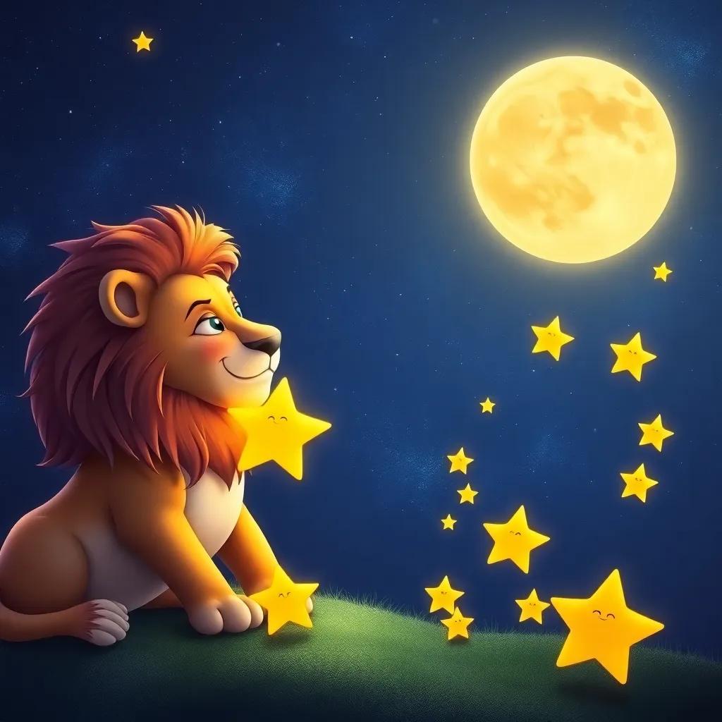 Leo cheering up the lonely star, with the Moon beside them, as the star's light begins to shine brighter, surrounded by other happy stars joining in, vibrant colors, uplifting mood, digital art, high quality