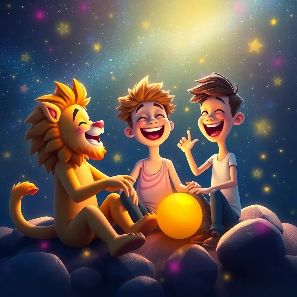 Leo, the Moon, and the new star playing games among the stars, laughing together, colorful light surrounding them, adventurous and joyful scene, digital painting, high quality