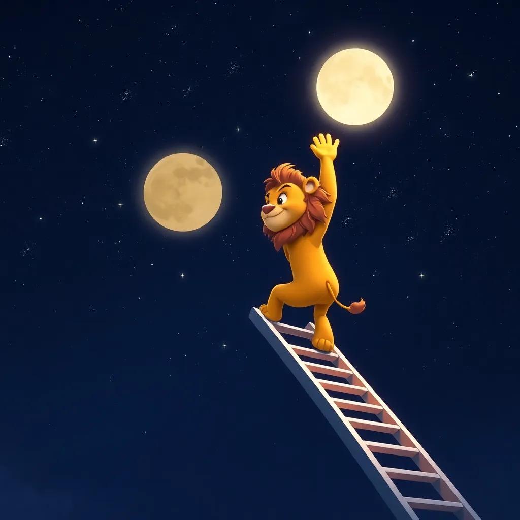 Leo climbing back down the silver ladder, waving goodbye to the Moon and his star friends in the starry night sky, warm light, a sense of adventure and happiness, digital illustration, high quality