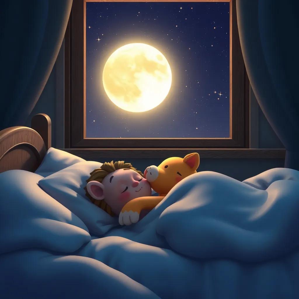 Leo sleeping peacefully in his bed, with the Moon glowing softly outside his window, stars twinkling in the night, cozy and calm atmosphere, warm colors, high quality