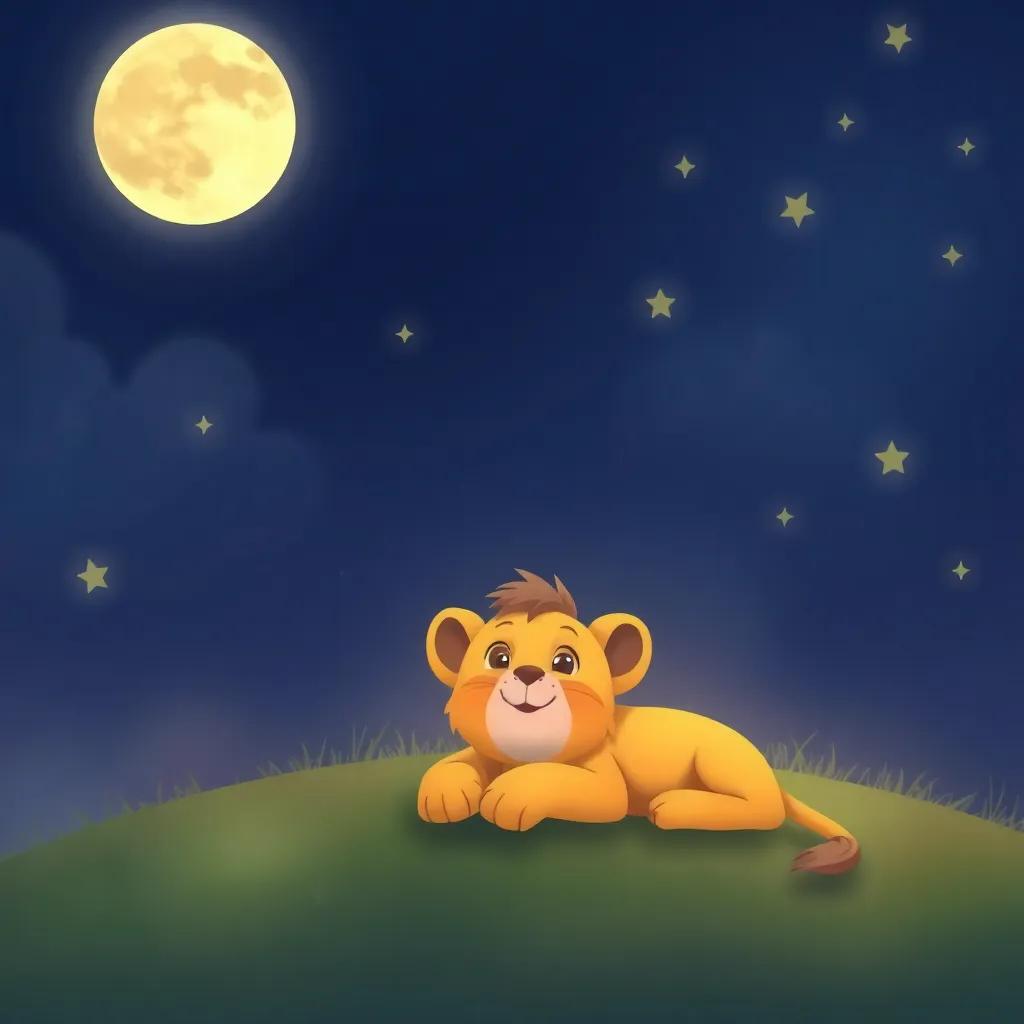 The Moon watching over Leo and twinkling stars in the night sky as Leo dreams of his next adventure, magical scene, soft glow, child-friendly, high quality