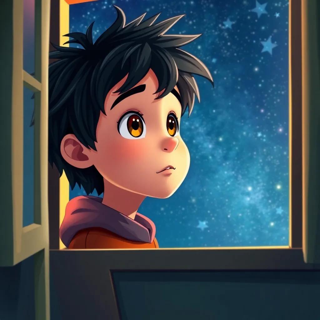 A curious boy named Leo, with bright brown eyes and messy black hair, gazing at the starry night sky from his window, filled with wonder, digital art, vibrant colors, warm and inviting atmosphere, high quality