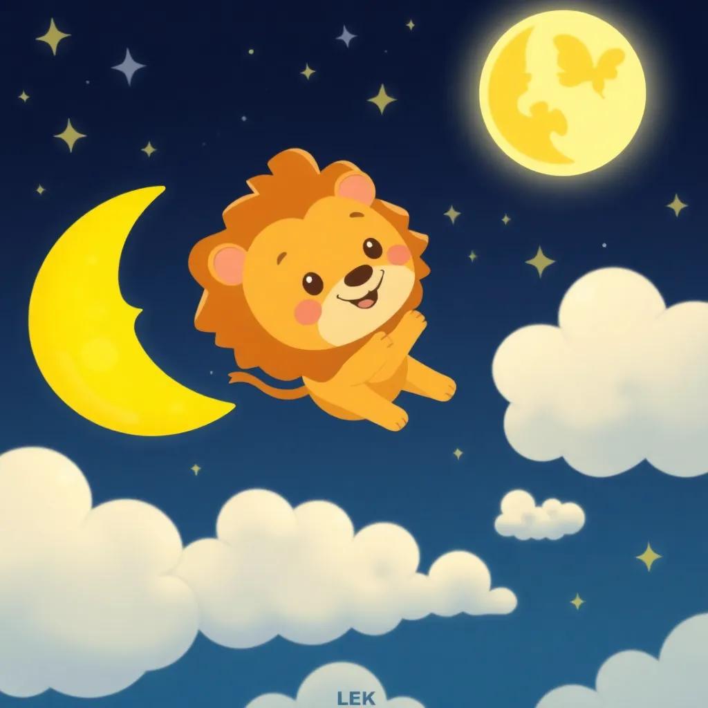 Leo flying with the moon, who has a friendly smile, across the night sky filled with sparkling stars and fluffy clouds, illustration, cheerful, whimsical, child-friendly