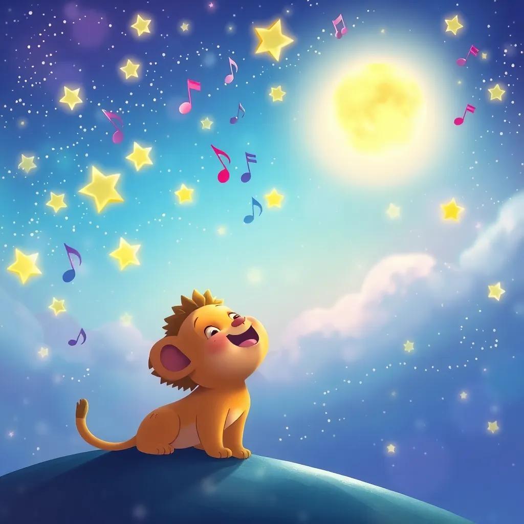 A beautiful view of sparkling stars making musical notes in the sky, with Leo laughing joyfully and the moon beside him, digital painting, enchanting, colorful, child-friendly