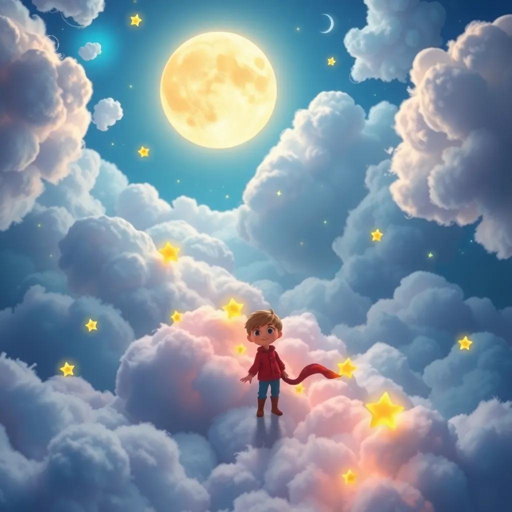 The moon guiding Leo to a fluffy cloud palace, filled with dancing stars greeting him warmly, vibrant colors, magical atmosphere, joyful, fantasy