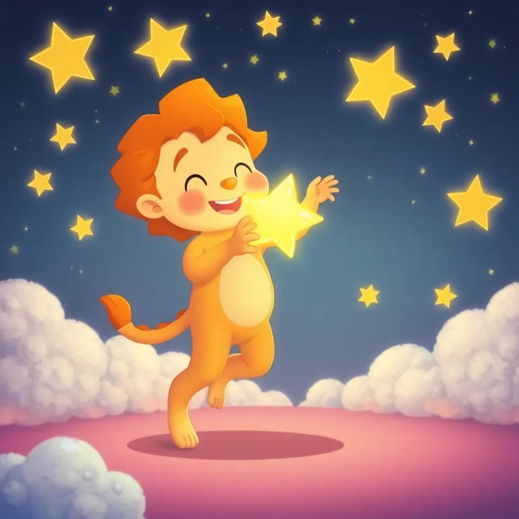 Leo dancing playfully with Spark, a glowing star, surrounded by twinkling stars and fluffy clouds, happy and colorful, whimsical, cheerful
