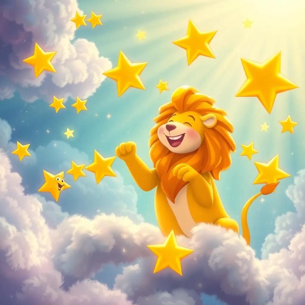 Leo with a group of stars, playing and laughing together in a radiant cloud palace, magical glow, energetic, joyful
