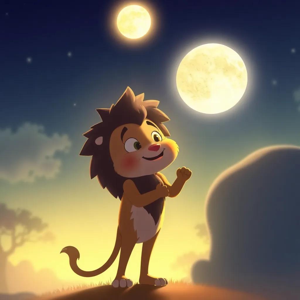 The moon gently saying goodbye to Leo, who looks grateful and happy, with a soft glow in the background, warm light, emotional, heartfelt