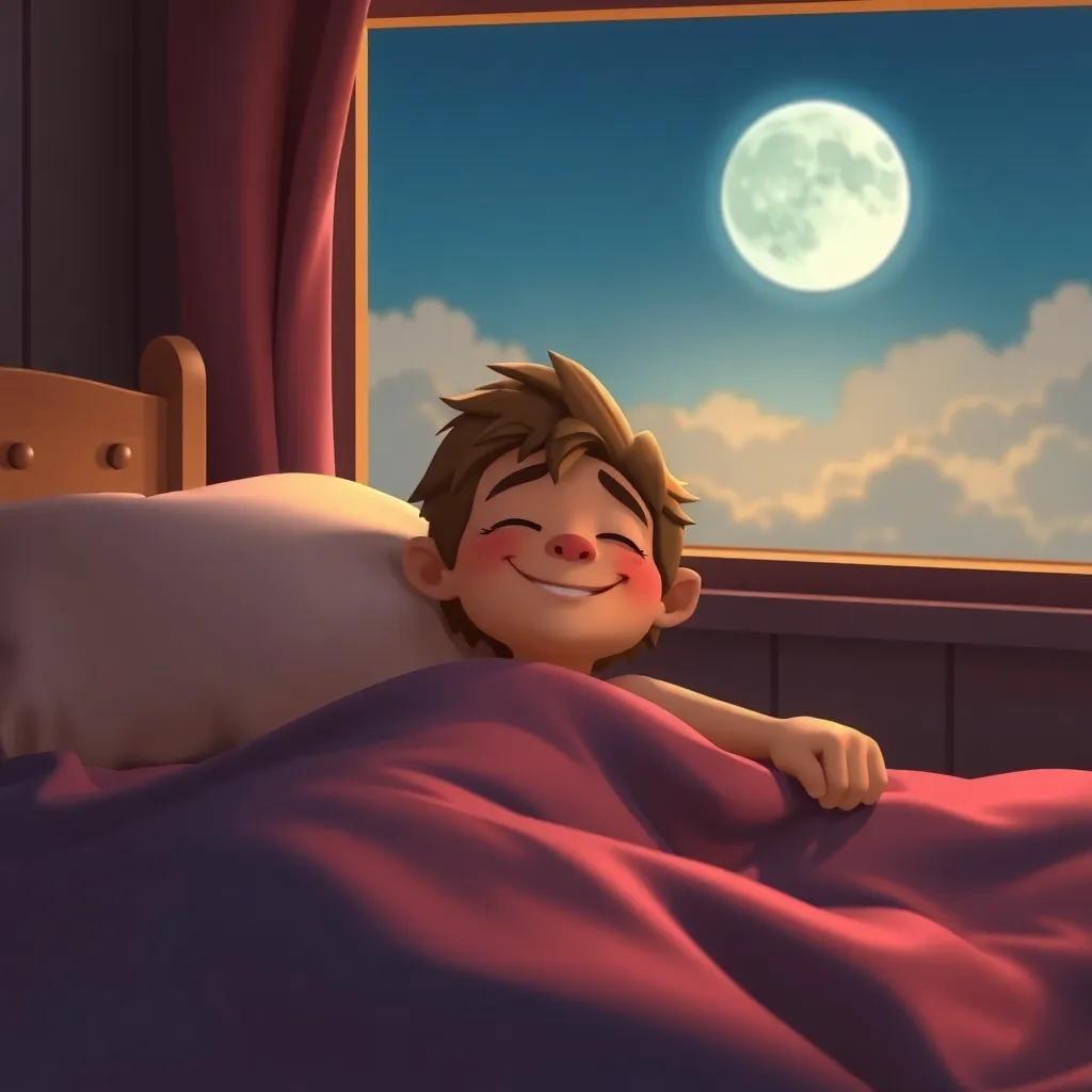 Leo lying in his bed, smiling with his eyes closed, as the moon watches over him through the window, warm colors, peaceful atmosphere, comforting