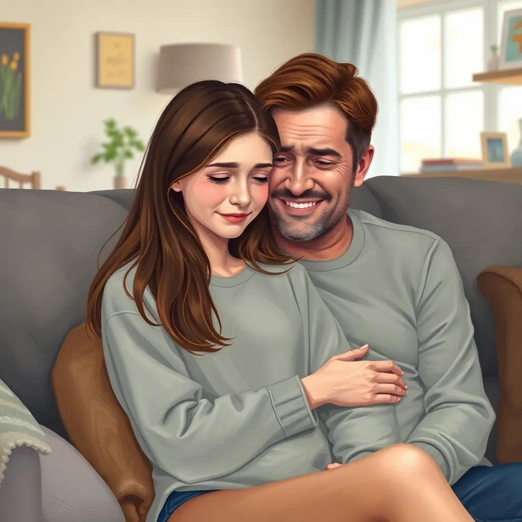 A teenage girl, Lily, with long brown hair wearing a casual shirt, sitting on a couch with her dad, who has short brown hair and a warm smile, holding her while she cries, cozy home background, emotional scene, soft lighting, heartfelt moment, digital painting, high quality