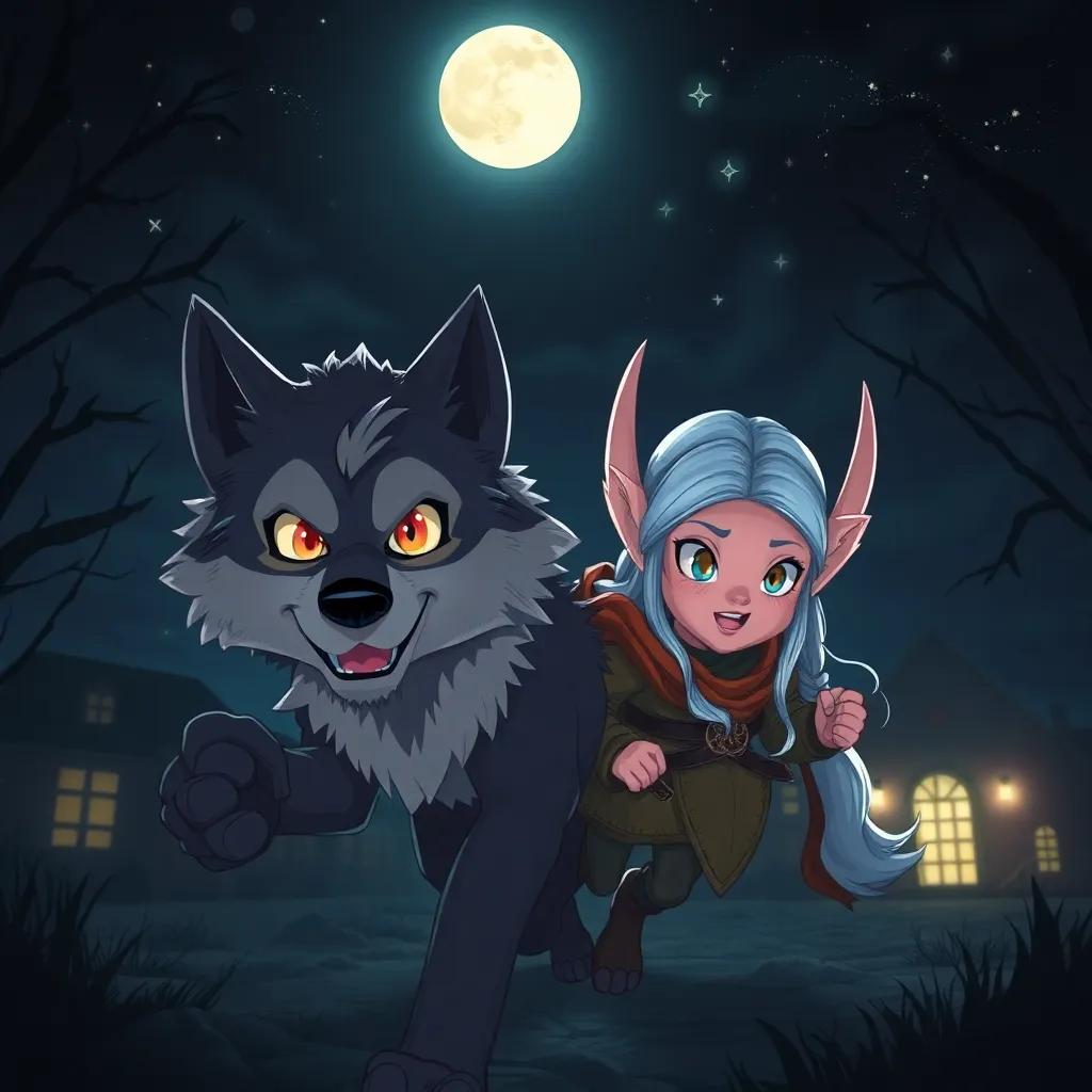 A clever wolf named Wally, with thick fur and bright eyes, and a brave elf named Elara, with silver hair and pointed ears, sneaking into a school at night under the twinkling stars, mysterious, magical, dark colors, inviting glow of moonlight, imaginative and adventurous