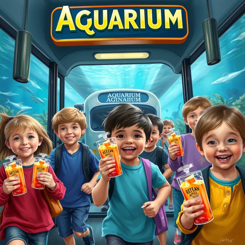 Children jumping off the bus at the aquarium entrance, holding snack packs of apples and juice, cheerful atmosphere with aquarium signage in the background, digital art, children with diverse appearances, smiles of excitement
