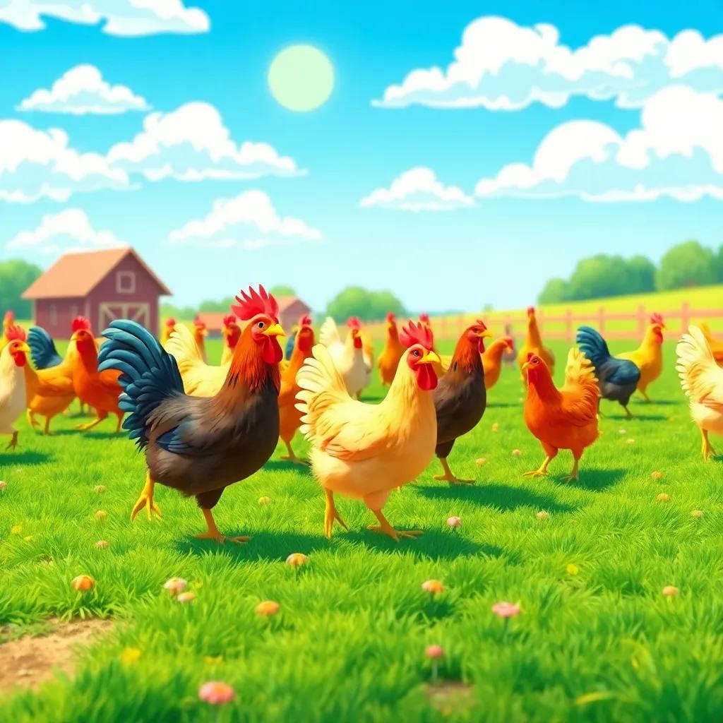 A sunny farm yard with many colorful hens walking around, clucking and pecking at the ground, bright blue sky and green grass, cheerful atmosphere, digital art, vibrant colors, child-friendly
