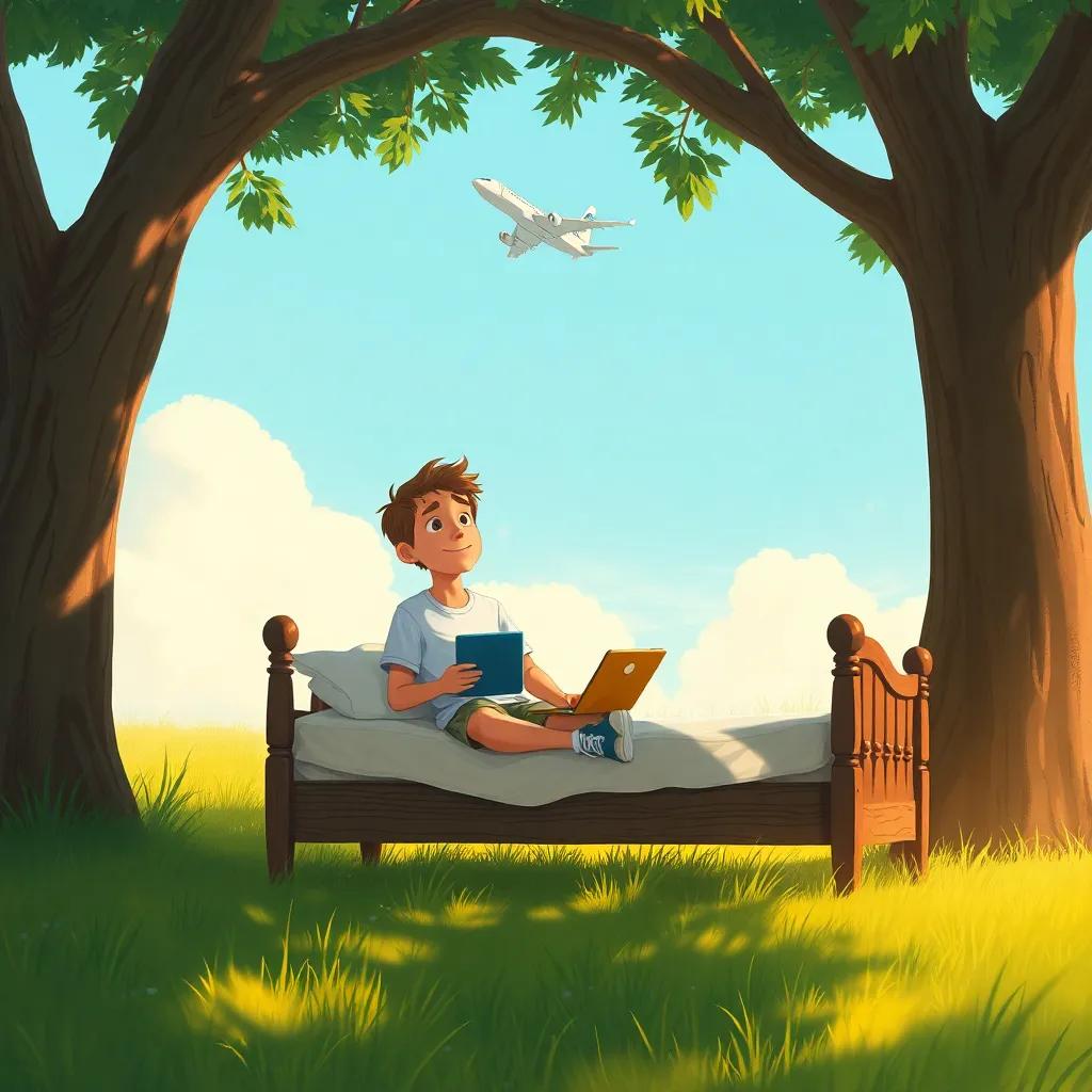Tom sitting on an old bed under a tree, wearing a t-shirt and shorts, with a notebook on his lap, grass glistening from morning dew, a jet flying high above, digital painting, warm colors, relaxed vibe