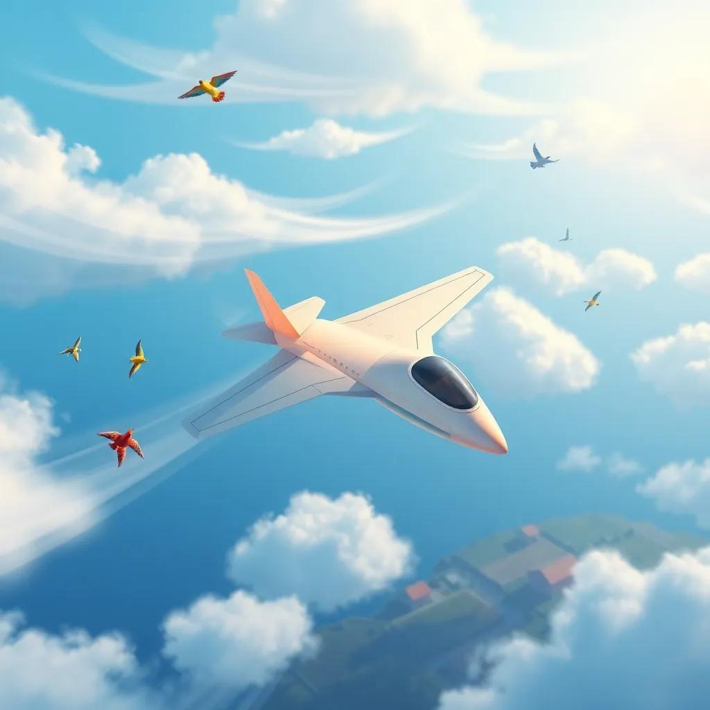 A jet flying high in a blue sky, with wispy clouds surrounding it, colorful birds flying near, a distant view of a farm in the background, digital art, whimsical, cheerful