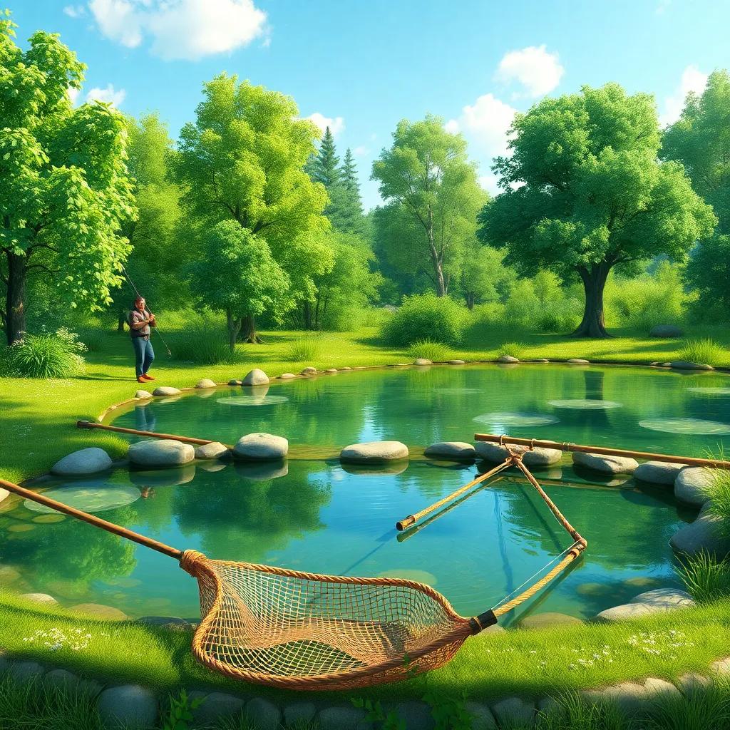A small pond with a fishing net lying by the edge, men nearby casting lines into the water, green trees all around, bright sunny day, detailed digital illustration, lively atmosphere