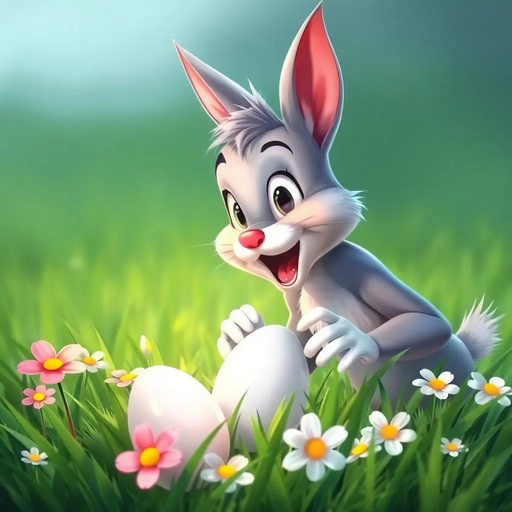 Tom finding a shiny white egg in the green grass, with flowers around it, his face showing surprise and excitement, digital art, bright colors, playful