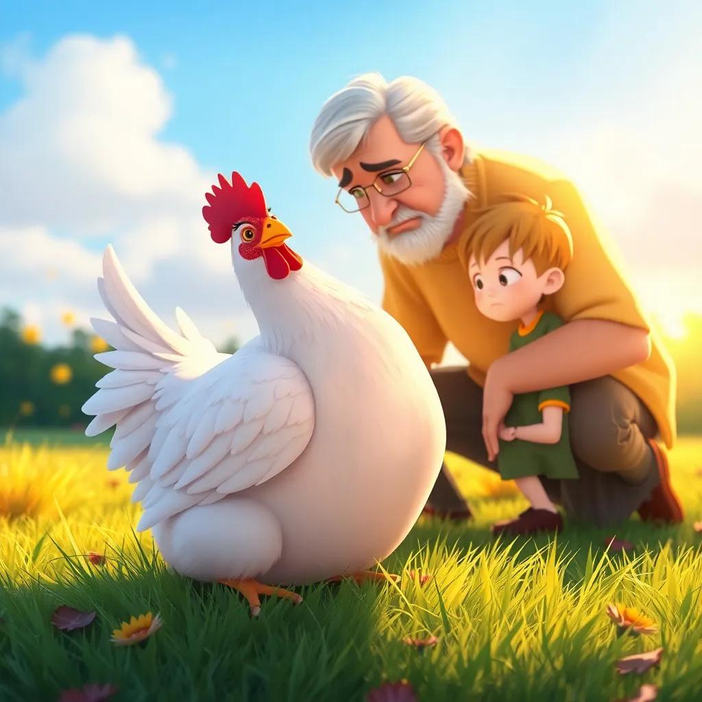 A hen with a hurt leg, looking sad while sitting on the grass, Tom kneeling next to her, his grandfather coming to help, warm sunlight shining down, digital illustration, heartwarming scene