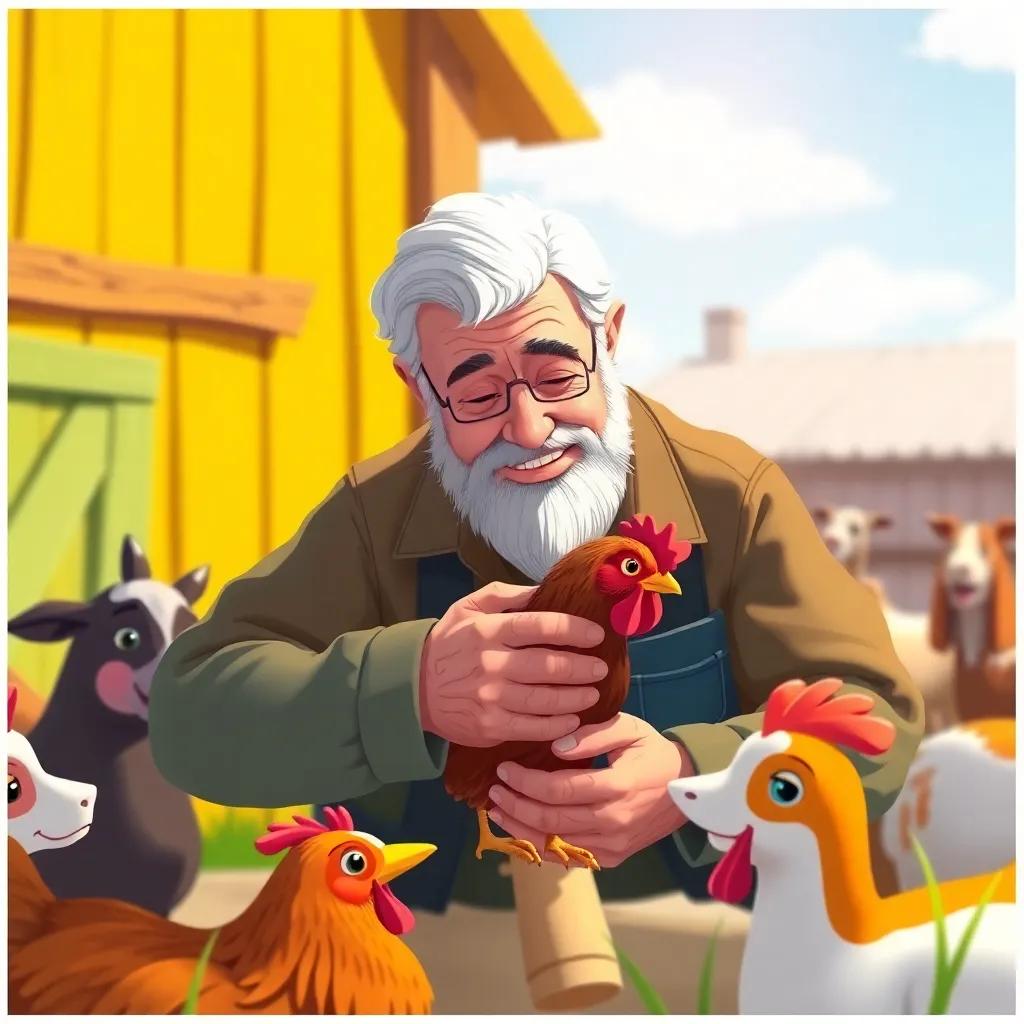 An elderly man gently tending to a hen with care, surrounded by warm farm colors, happy animals nearby, bright sunlight, child-friendly illustration