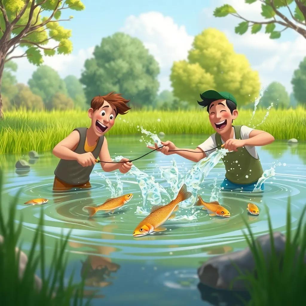 Men catching fish in a pond, splashes of water flying around as they laugh, with trees and grass surrounding the area, lively digital art, cheerful, storytelling vibe