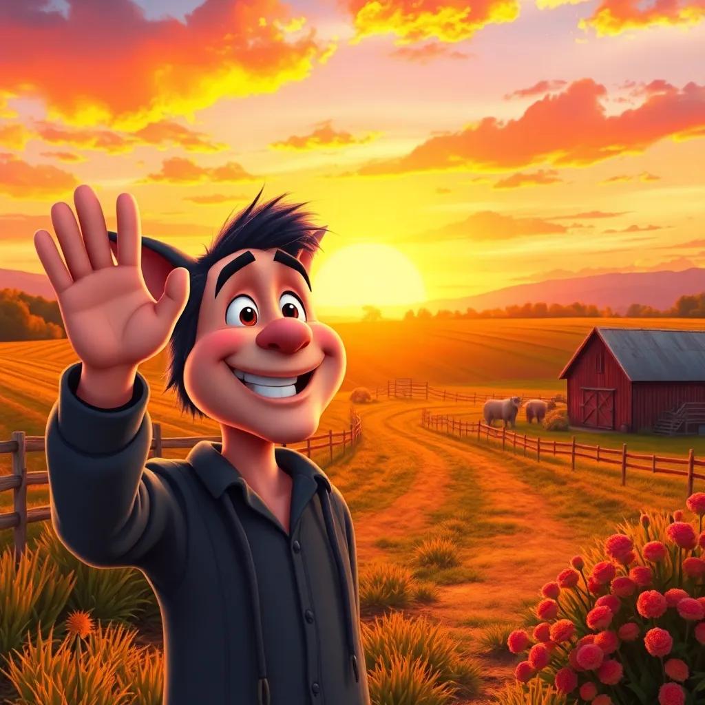 A sunset view of the farm with Tom waving goodbye, colorful sky with shades of orange and pink, his smile reflecting joy, vibrant digital painting, heartwarming goodbye moment