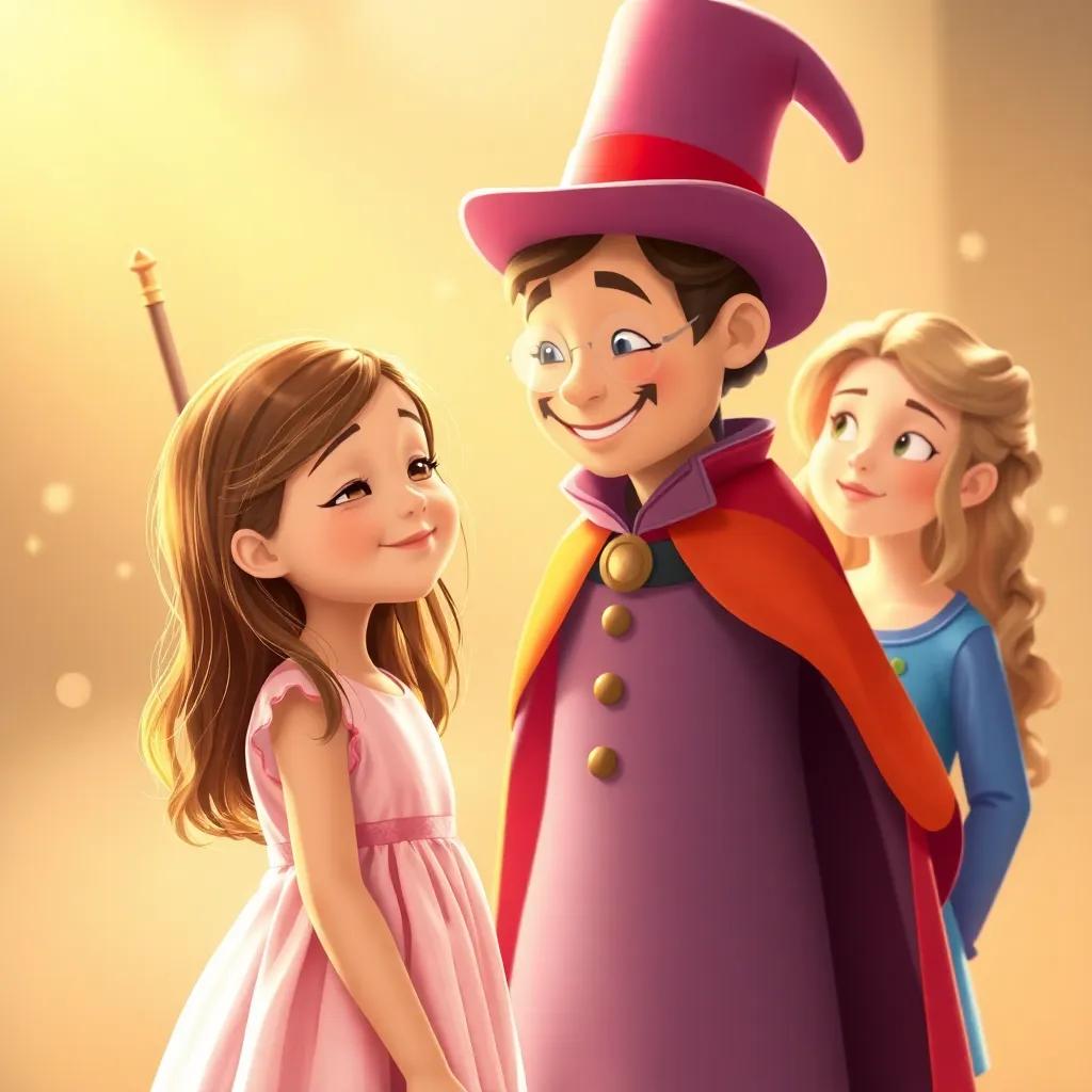 Mia, a young girl with long brown hair in a light pink dress, standing with her eyes closed in front of a friendly magician, who has a colorful cape and a wand, with Zoey, a girl with curly blonde hair in a blue top, looking at Mia with amazement, magical sparkles floating around, whimsical art style, joyous feeling, warm light, uplifting imagery