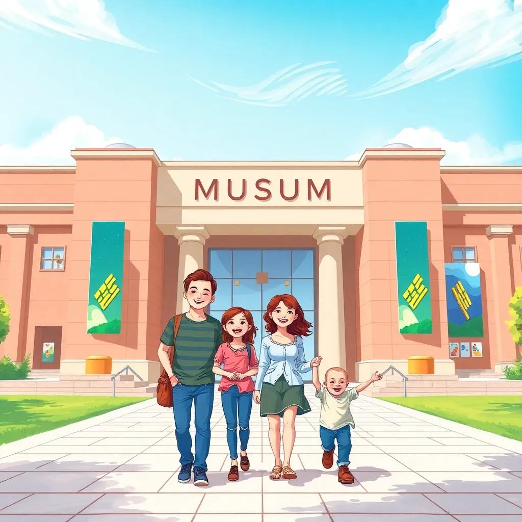A family of four happily walking towards a large museum entrance on a sunny day, with smiles on their faces, bright blue sky above, digital art, cheerful atmosphere, vibrant colors, high quality