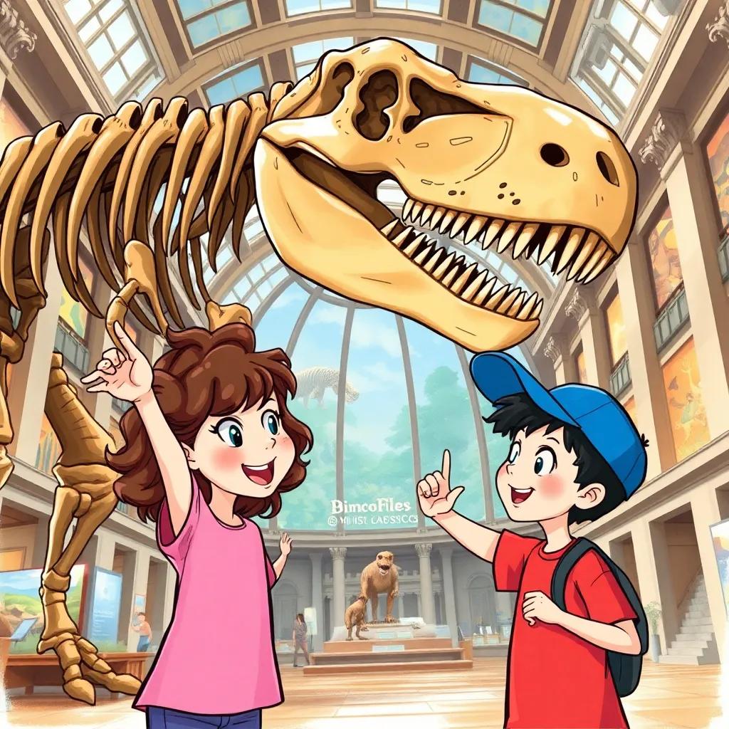 A young girl, Mia, with curly brown hair wearing a pink t-shirt, excitedly pointing at a gigantic dinosaur skeleton, her brother Leo, with short dark hair in a blue cap, pretending to roar, inside a grand museum hall, lively atmosphere, colorful displays, realistic illustration, engaging scene