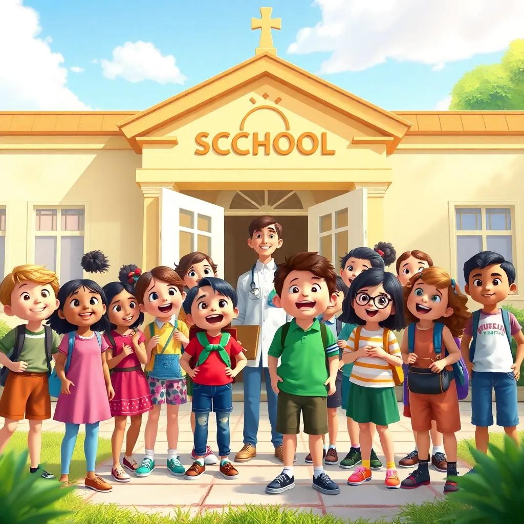 A group of happy children with diverse backgrounds, excitedly gathering outside a bright school building with a teacher, ready for a museum adventure, playful, cheerful atmosphere, detailed, vibrant colors