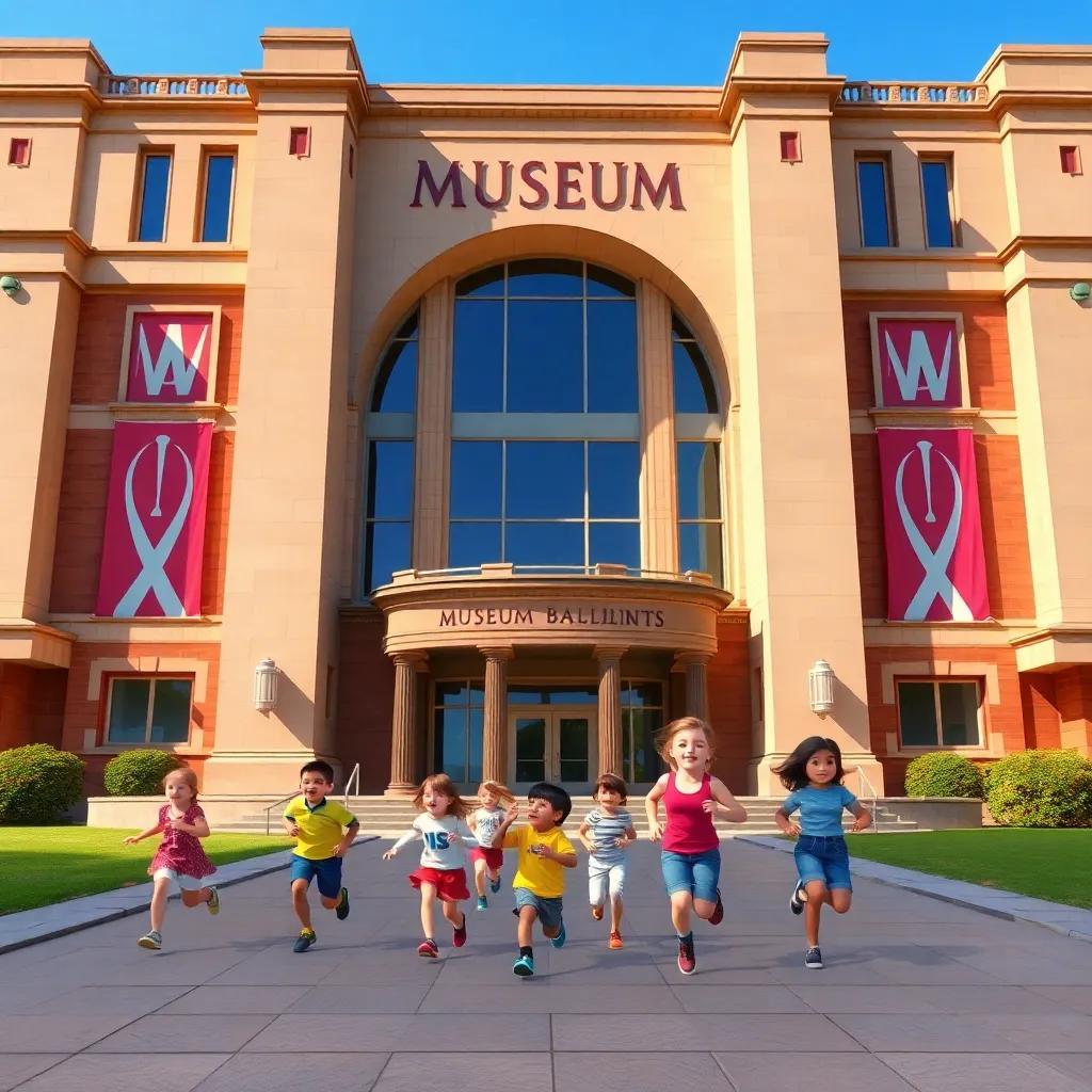 A large, impressive museum building with strong architectural features and a beautiful entrance, children running towards it with excitement, sunny day, clear blue sky, joyful expressions