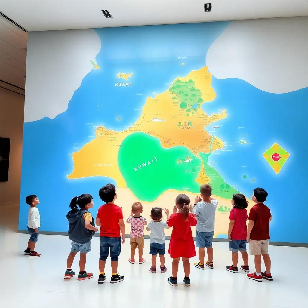A giant map of Kuwait displayed in the museum, colorful islands and cities highlighted, children looking closely in awe, educational, lively, bright room