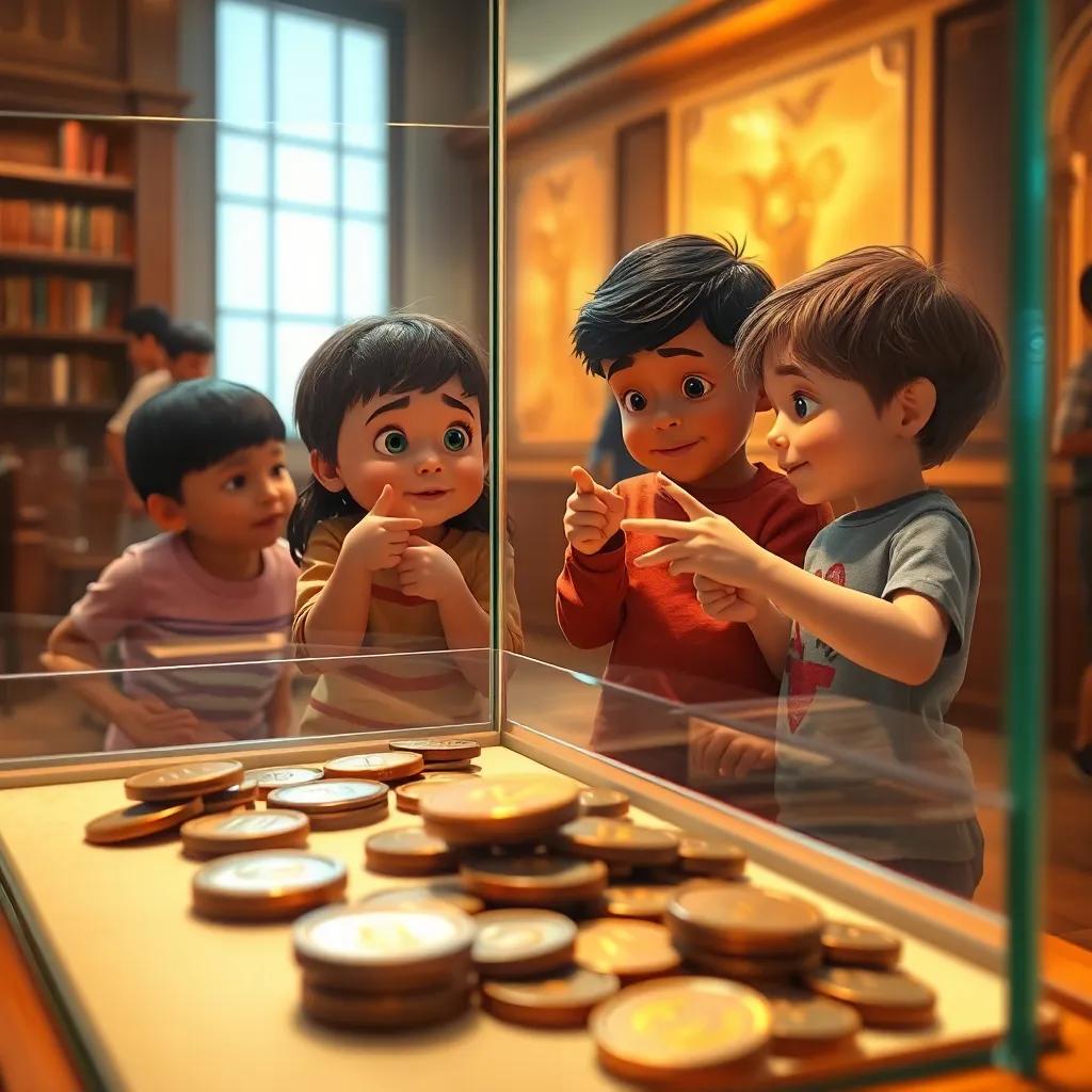 Old Kuwaiti coins in a glass case, children pointing and whispering to each other with curiosity, warm lighting, intriguing atmosphere, engaging space