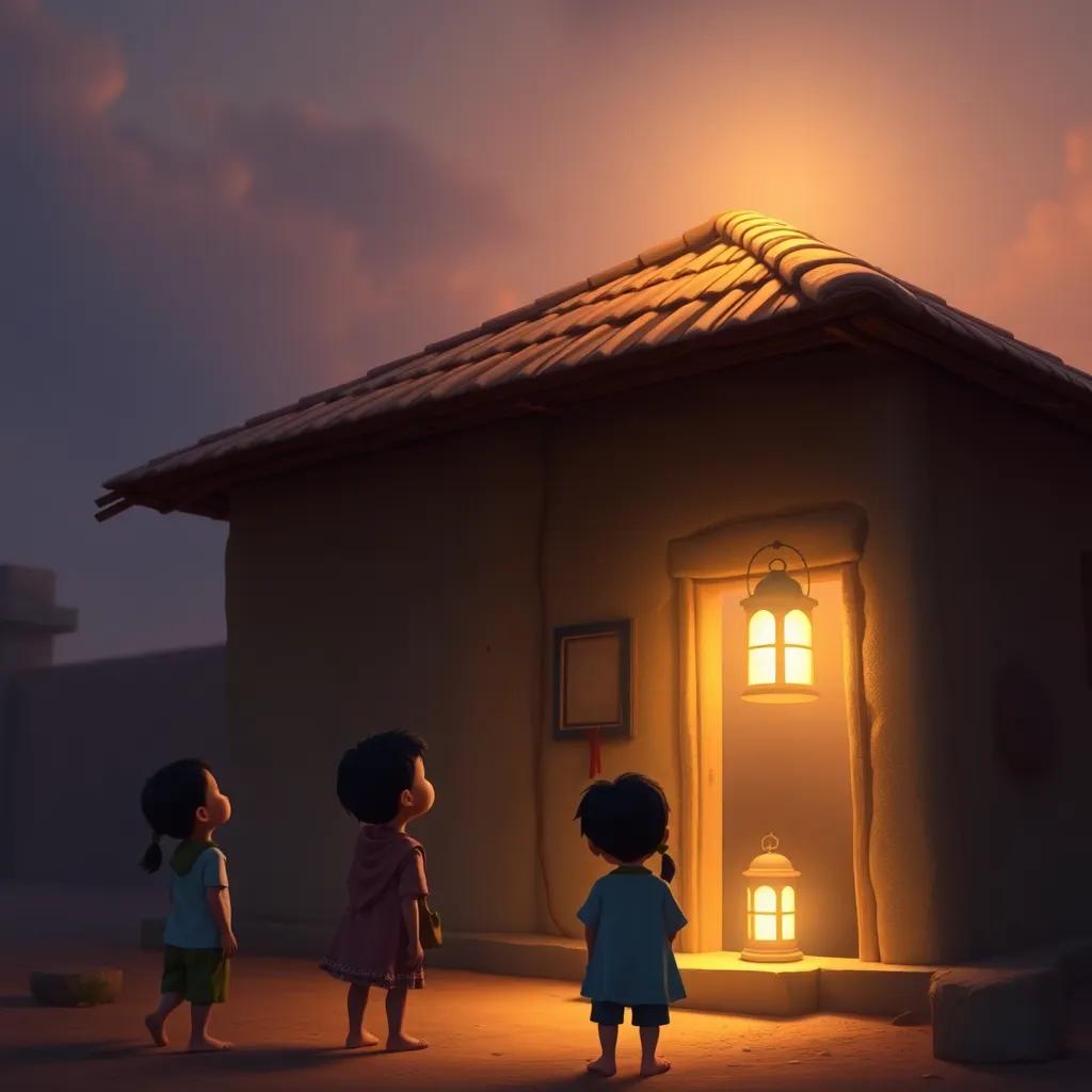 A picture of an old, traditional Kuwaiti house with a simple roof and a glowing lantern (fanar), children looking amazed at the old design, soft glow, homely feeling, interesting art style