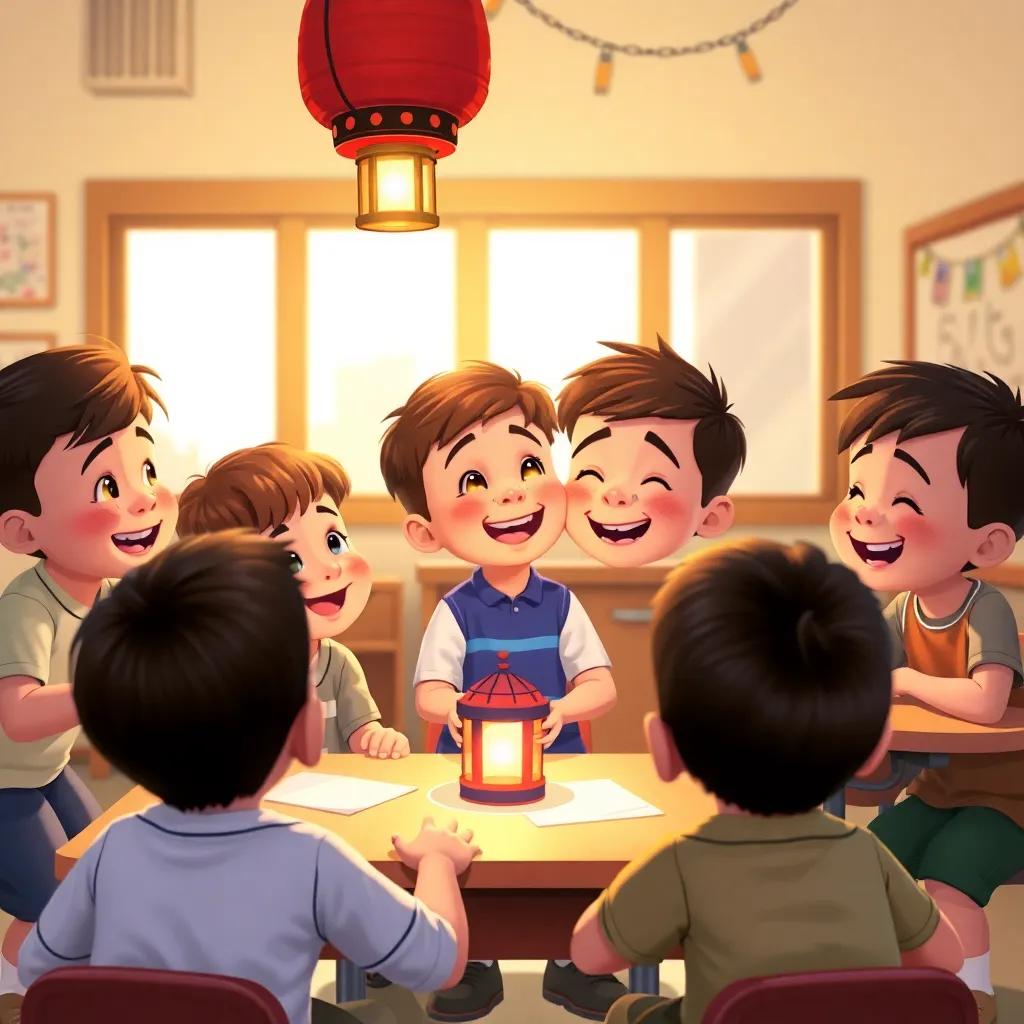 Children laughing together, one child asking for a lantern (fanar) while others giggle, friendly interaction, classroom vibe, fun and playful