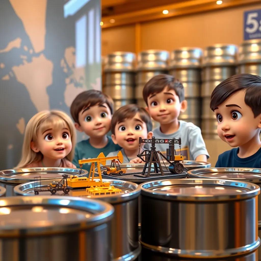 Pictures and models of the oil found in Kuwait on display, children's faces showing fascination and wonder, shiny oil barrels, educational format with fun colors