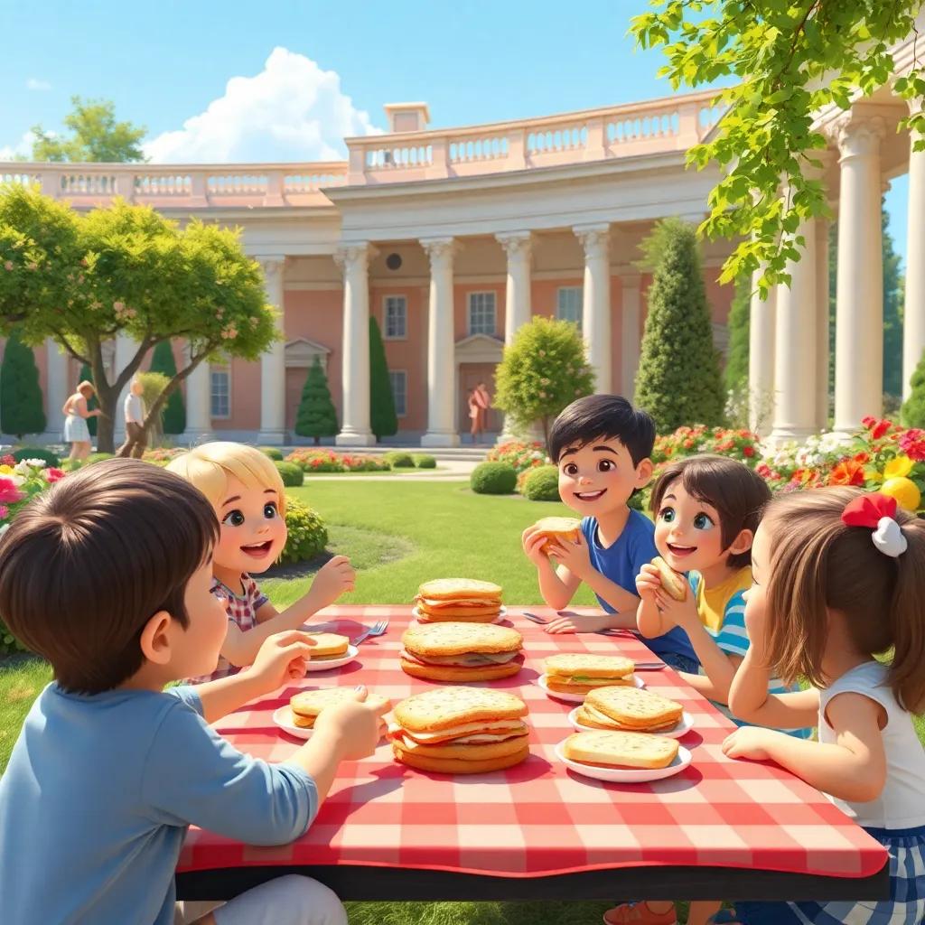 Children enjoying a picnic in a museum garden, eating sandwiches happily under sunlight, smiling faces, bright colors, joyful and relaxing atmosphere