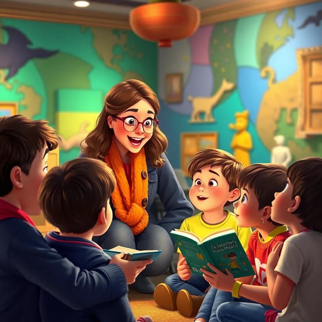 A teacher listening to children sharing their favorite parts, expressive story-telling moments, vibrant museum background, engaging and warm, emotional resonance